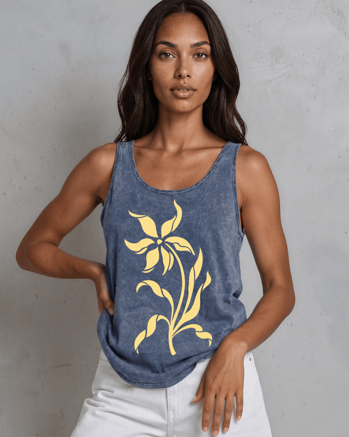 Lily Whisper botanical floral graphic tank in mineral-washed denim blue. Made in USA with USA-grown cotton, soft 95% cotton/5% spandex, relaxed fit.