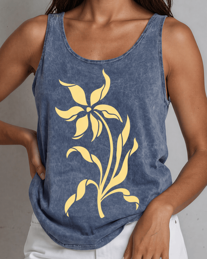 Lily Whisper botanical floral graphic tank in mineral-washed denim blue. Made in USA with USA-grown cotton, soft 95% cotton/5% spandex, relaxed fit.