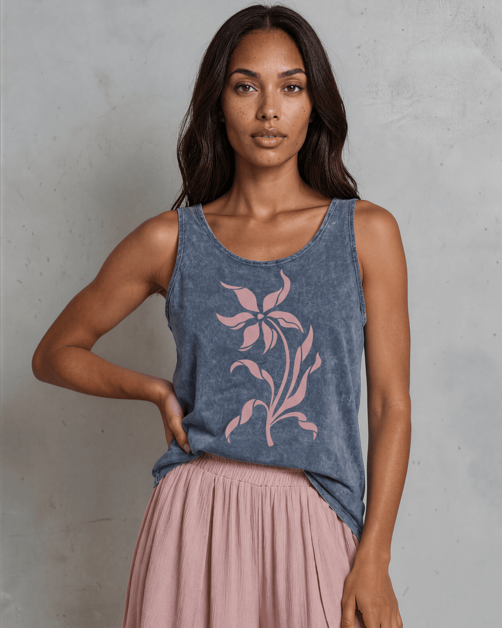 Lily Whisper botanical floral graphic tank in mineral-washed denim blue. Made in USA with USA-grown cotton, soft 95% cotton/5% spandex, relaxed fit.