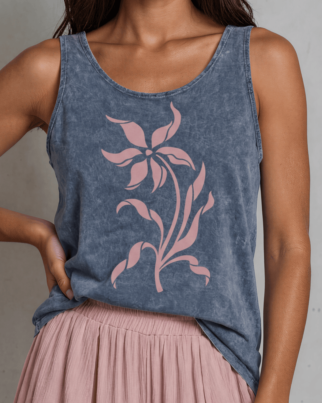 Lily Whisper botanical floral graphic tank in mineral-washed denim blue. Made in USA with USA-grown cotton, soft 95% cotton/5% spandex, relaxed fit.