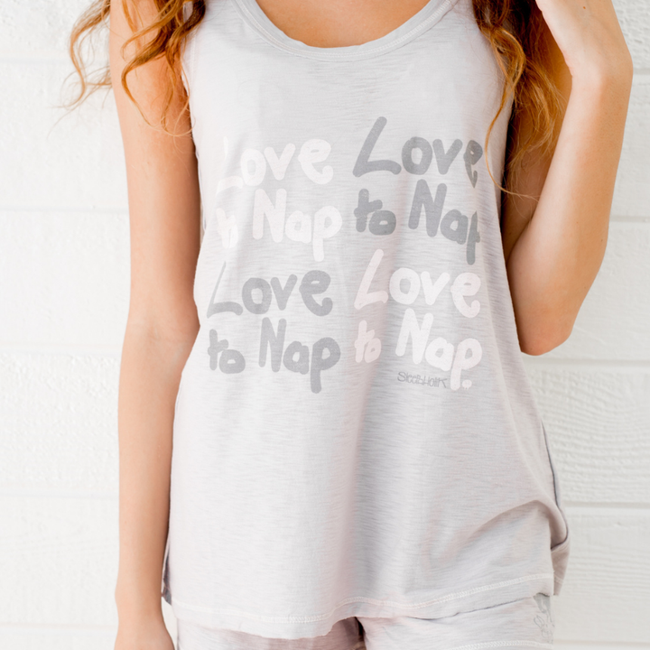 Sleepaholik "Love to Nap" Graphic Ladies Lounge Tank Top Made in USA with Fabric that is Made in USA! | Classy Cozy Cool Women&
