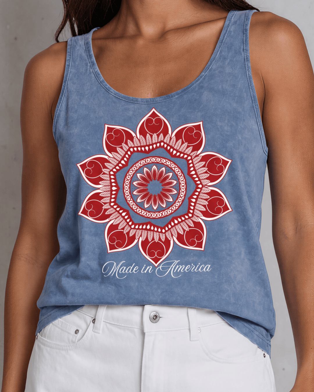 Women's red mandala flower graphic tank top, made in USA with USA-grown cotton. Light denim mineral wash, relaxed fit, soft & stretchy. Patriotic boutique style.
