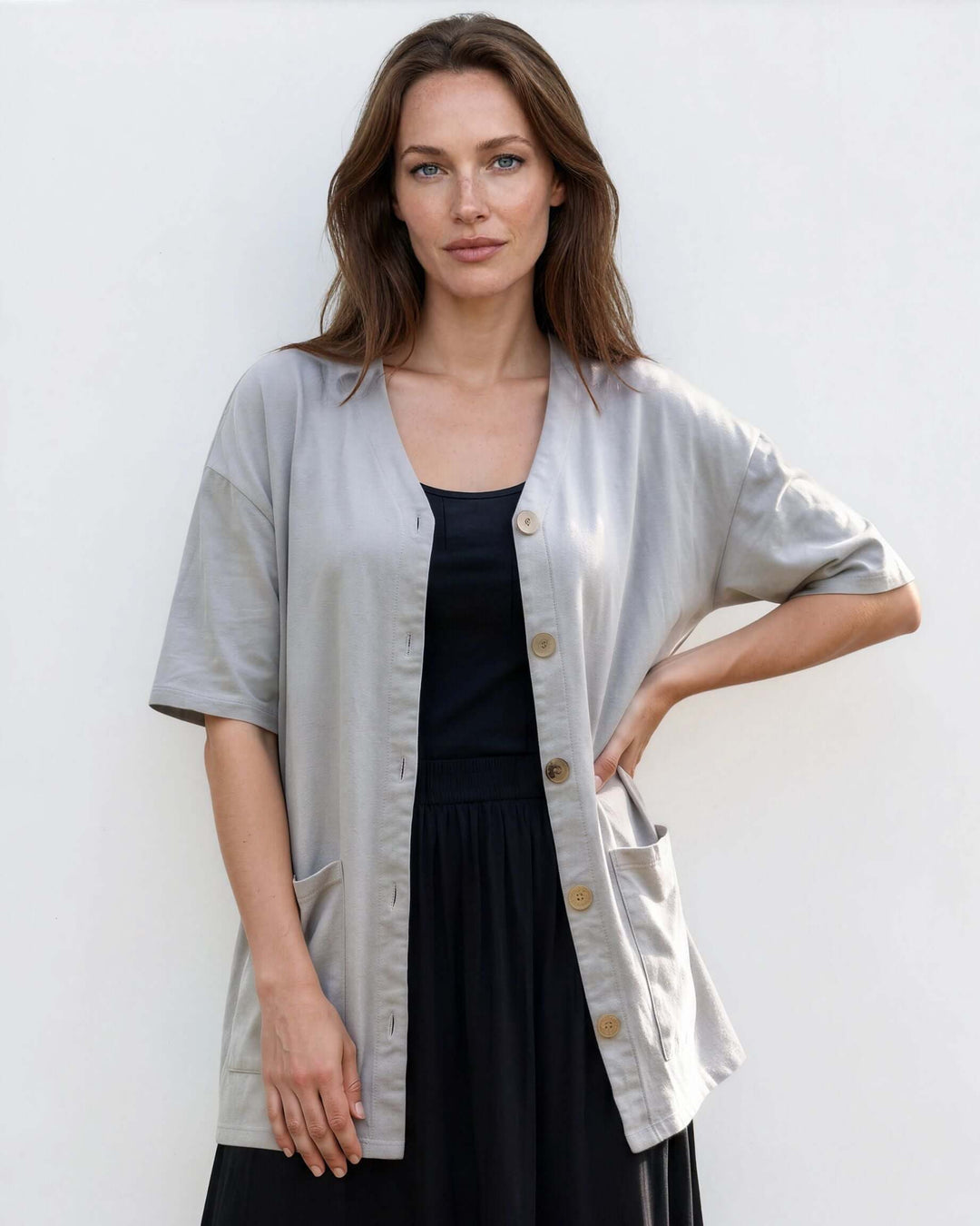 The Mary K Farm Smock — loose fit organic cotton jacket with XL pockets. USA grown, milled &amp; sewn. Pre-shrunk, chemical free. Sizes S–XL.