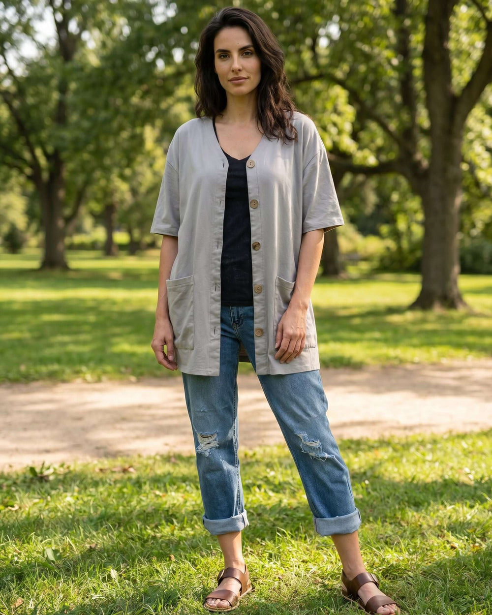 The Mary K Farm Smock — loose fit organic cotton jacket with XL pockets. USA grown, milled & sewn. Pre-shrunk, chemical free. Sizes S–XL.