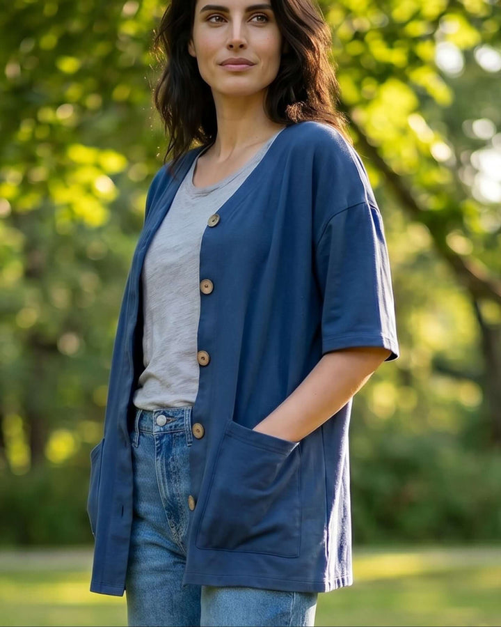 The Mary K Farm Smock — loose fit organic cotton jacket with XL pockets. USA grown, milled &amp; sewn. Pre-shrunk, chemical free. Sizes S–XL.