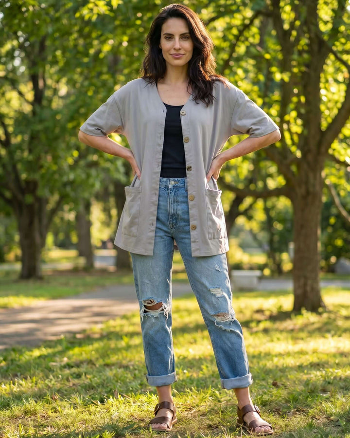 The Mary K Farm Smock — loose fit organic cotton jacket with XL pockets. USA grown, milled &amp; sewn. Pre-shrunk, chemical free. Sizes S–XL.