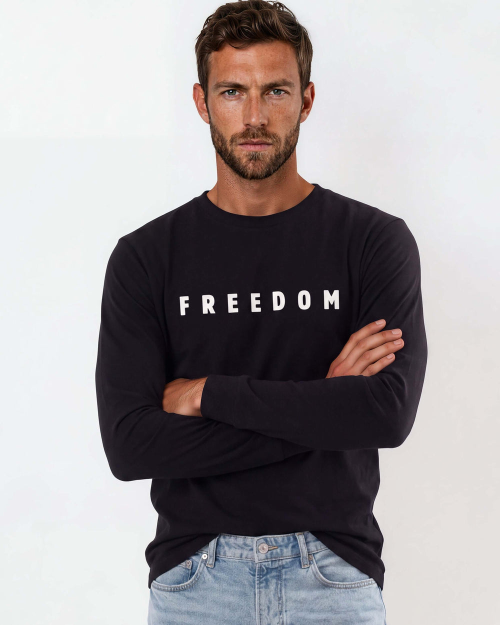 Made in USA with 100% USA Harvested Cotton, This Men's Long Sleeve FREEDOM Graphic Black T-Shit with have you feeling patriotic