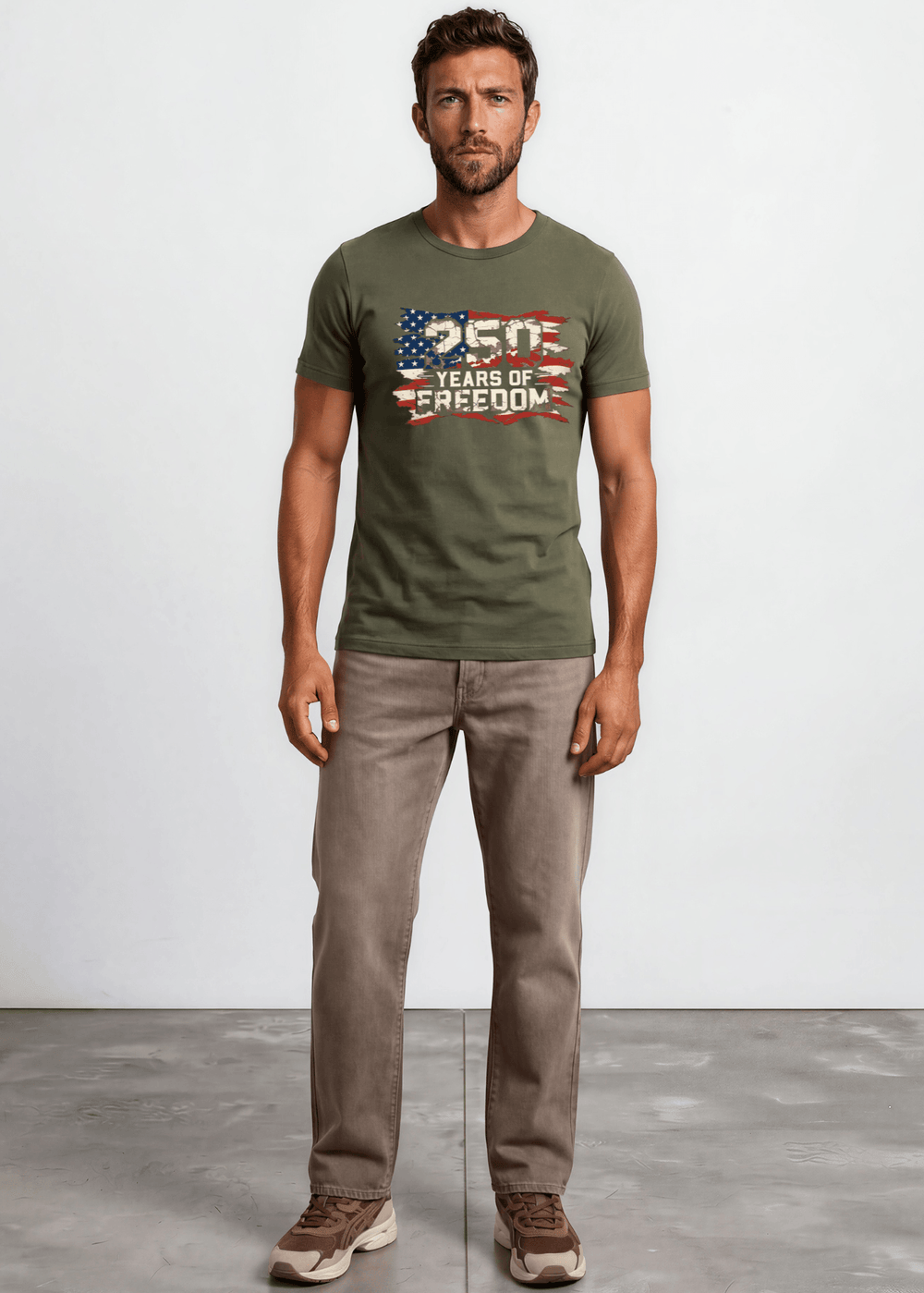 250 Years of Freedom Distressed Flag Tee — Made in USA. Bold cracked flag graphic on Army Green, soft 100% cotton, relaxed fit. Perfect for 4th of July. Sizes S-2XL.