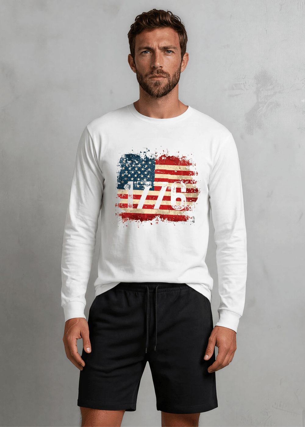 1776 Distressed American Flag Long Sleeve Tee — Made in USA with USA Cotton. Bold vintage flag graphic on white, 100% pre-shrunk cotton. Perfect for 4th of July.