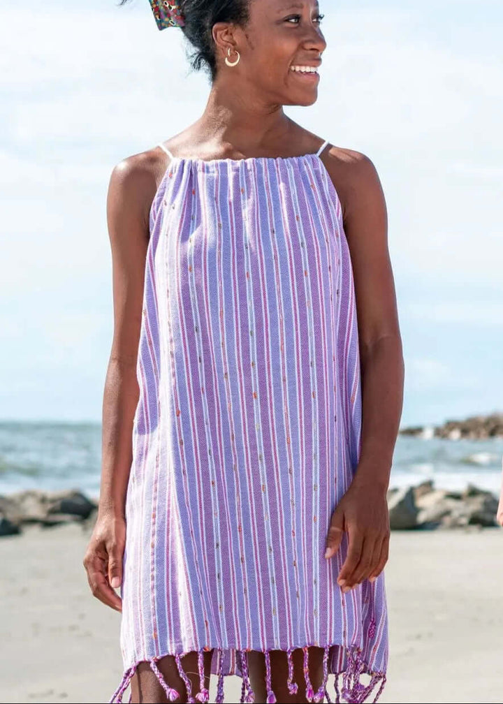 Shop the Beachables Skipper Cover Up Dress — handcrafted in the USA from soft Turkish Cotton. Adjustable drawstring, tassel hem, vibrant stripes. Perfect for beach