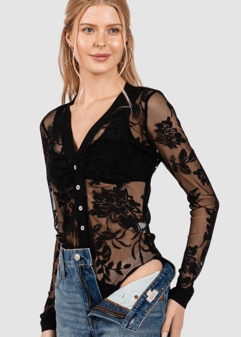 Made in USA Women's Black Floral Lace Button Down V-Neck Sheer Bodysuit with Snap Opening Crotch, Soft Stretchy Material