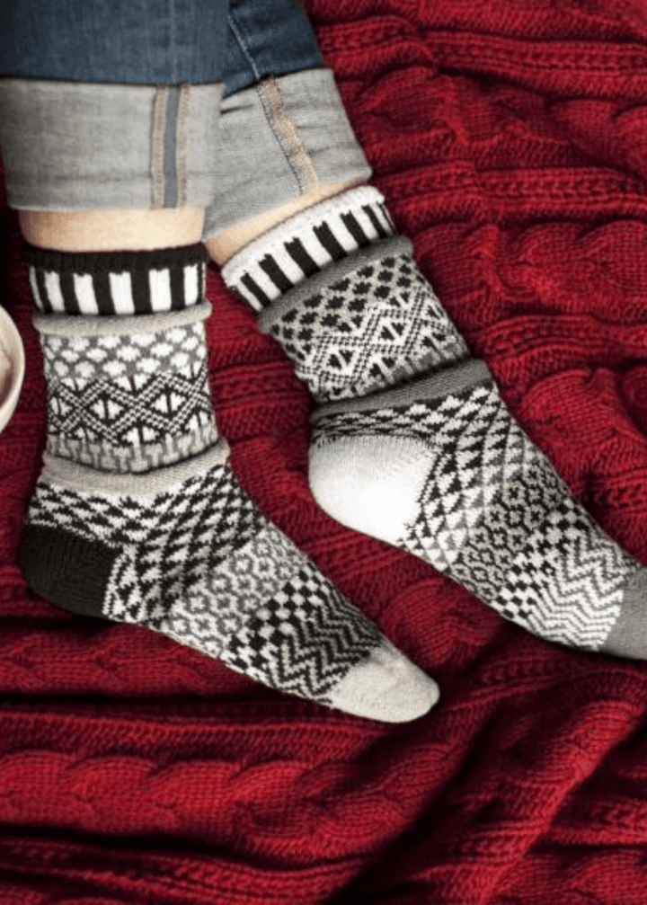 USA Made Socks Solmate MIDNIGHT Black &amp; White Knitted Crew Socks | Made In USA | Delightfully Mismatched &amp; so Very Comfortable. Classy Cozy Cool Women&