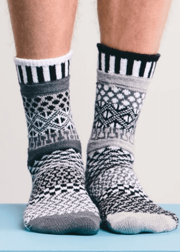 USA Made Socks Solmate MIDNIGHT Black &amp; White Knitted Crew Socks | Made In USA | Delightfully Mismatched &amp; so Very Comfortable. Classy Cozy Cool Women&