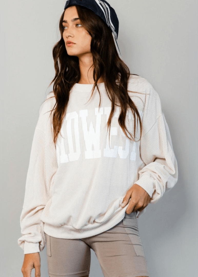 Made in USA Textured "MIDWEST" Graphic Oversized Game Day Textured Ribbed Sweatshirt in Cream with Crew Neck and Long Sleeves  | Bucket List Style T1770