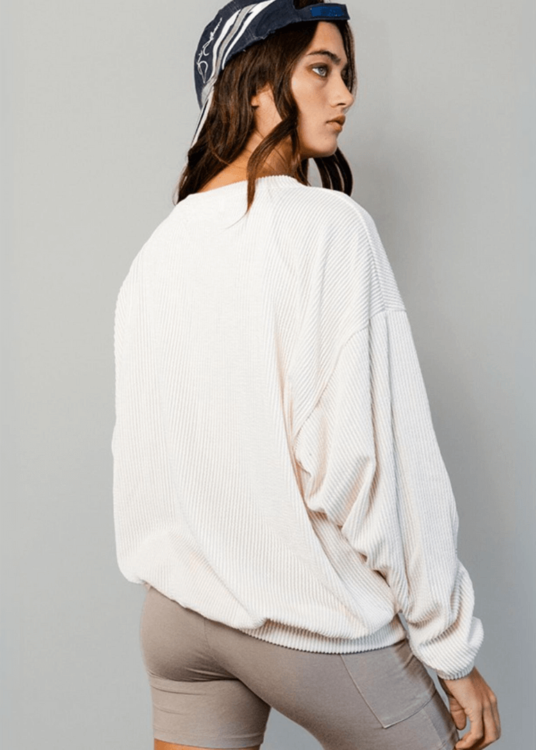 Made in USA Textured "MIDWEST" Graphic Oversized Game Day Textured Ribbed Sweatshirt in Cream with Crew Neck and Long Sleeves  | Bucket List Style T1770