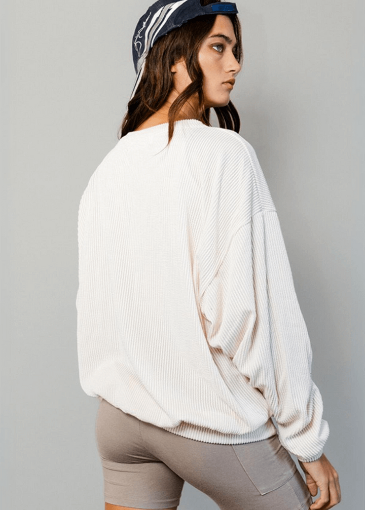 Made in USA Textured "MIDWEST" Graphic Oversized Game Day Textured Ribbed Sweatshirt in Cream with Crew Neck and Long Sleeves  | Bucket List Style T1770