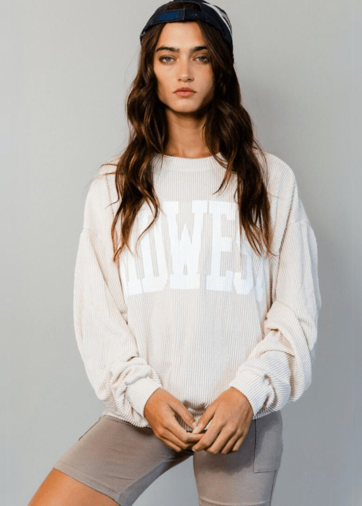 Made in USA Textured "MIDWEST" Graphic Oversized Game Day Textured Ribbed Sweatshirt in Cream with Crew Neck and Long Sleeves  | Bucket List Style T1770