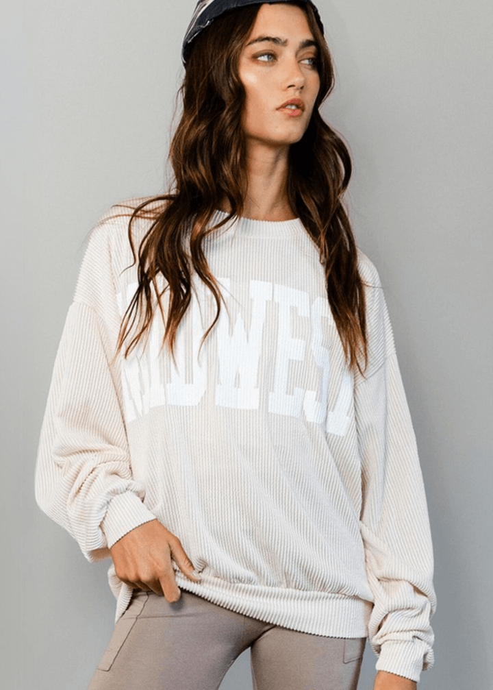 Made in USA Textured "MIDWEST" Graphic Oversized Game Day Textured Ribbed Sweatshirt in Cream with Crew Neck and Long Sleeves  | Bucket List Style T1770