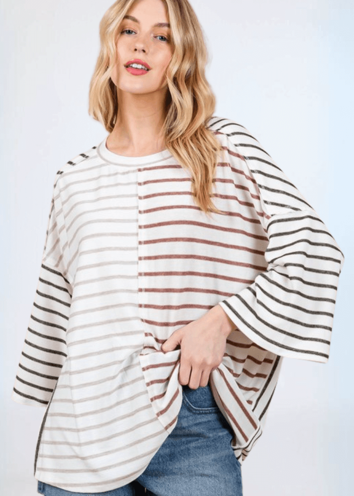 Made in USA Women's Contrast Striped Oversized Color Block Knit top. Round neck Drop shoulder, Oversized and comfort fit, 3/4 sleeve | Classy Cozy Cool Made in America Boutique