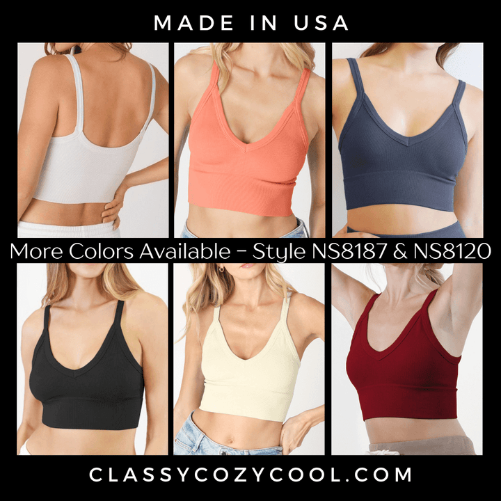 Niki Biki Ladies Fitted Vintage V-Neck Ribbed Bra Top Style NS8120  in 10 Color Options | Made in USA | Classy Cozy Cool Women&
