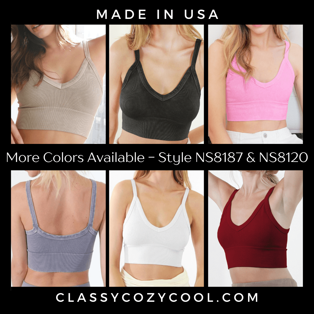 Niki Biki Ladies Fitted Vintage V-Neck Ribbed Bra Top Style NS8187  in 10 Color Options | Made in USA | Classy Cozy Cool Women&