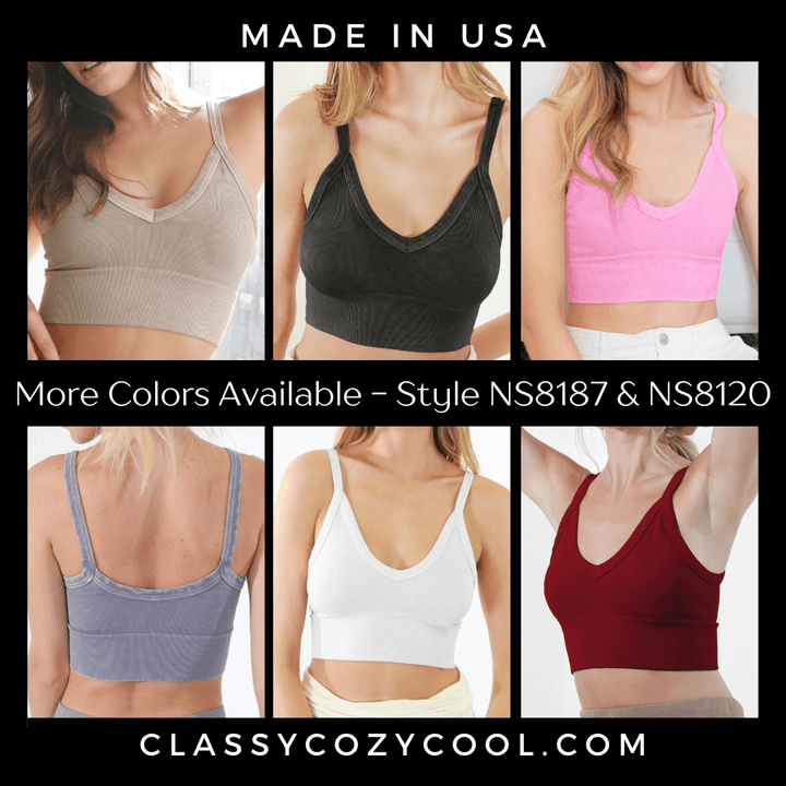Niki Biki Ladies Fitted Vintage V-Neck Ribbed Bra Top Style NS8187  in 10 Color Options | Made in USA | Classy Cozy Cool Women&