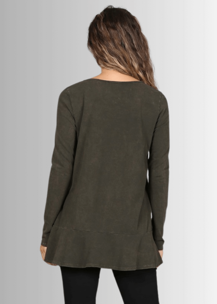 USA Made Ladies High Low Hem Casual Long Sleeve Cotton Tee in Mineral Washed Dark Moss Green | Classy Cozy Cool Women&