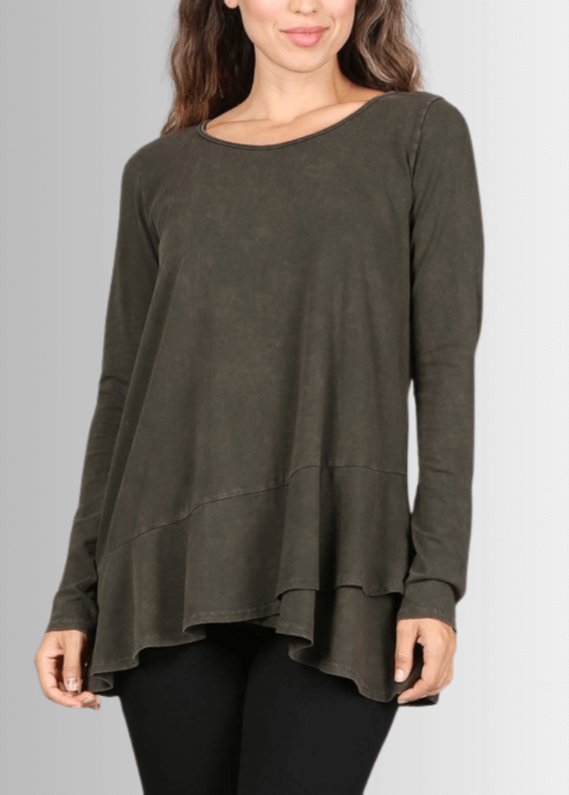 USA Made Ladies High Low Hem Casual Long Sleeve Cotton Tee in Mineral Washed Dark Moss Green | Classy Cozy Cool Women&