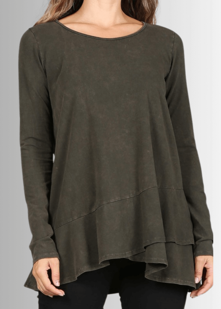 USA Made Ladies High Low Hem Casual Long Sleeve Cotton Tee in Mineral Washed Dark Moss Green | Classy Cozy Cool Women&