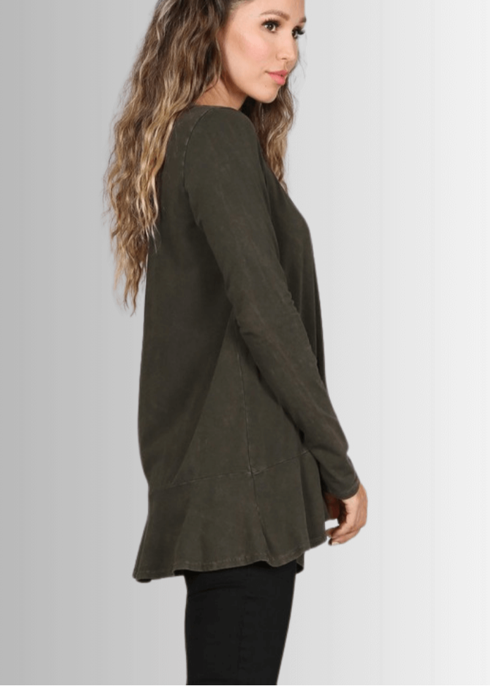 USA Made Ladies High Low Hem Casual Long Sleeve Cotton Tee in Mineral Washed Dark Moss Green | Classy Cozy Cool Women&