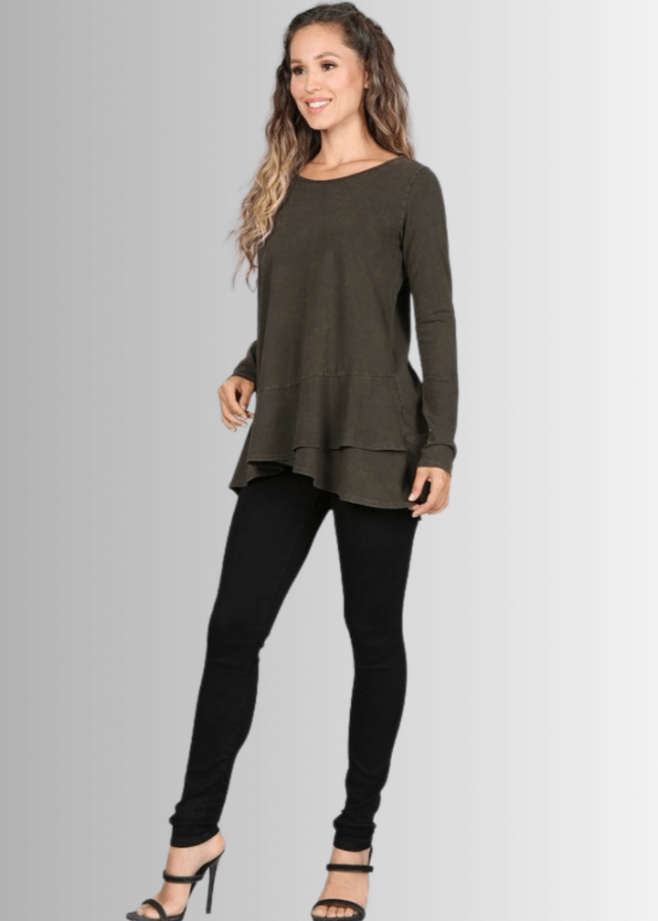 USA Made Ladies High Low Hem Casual Long Sleeve Cotton Tee in Mineral Washed Dark Moss Green | Classy Cozy Cool Women&