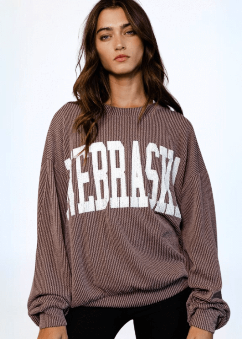 Made in USA Textured "NEBRASKA" Graphic Oversized Game Day Textured Ribbed Sweatshirt in Mocha with Crew Neck and Long Sleeves  | Bucket List Style T1770