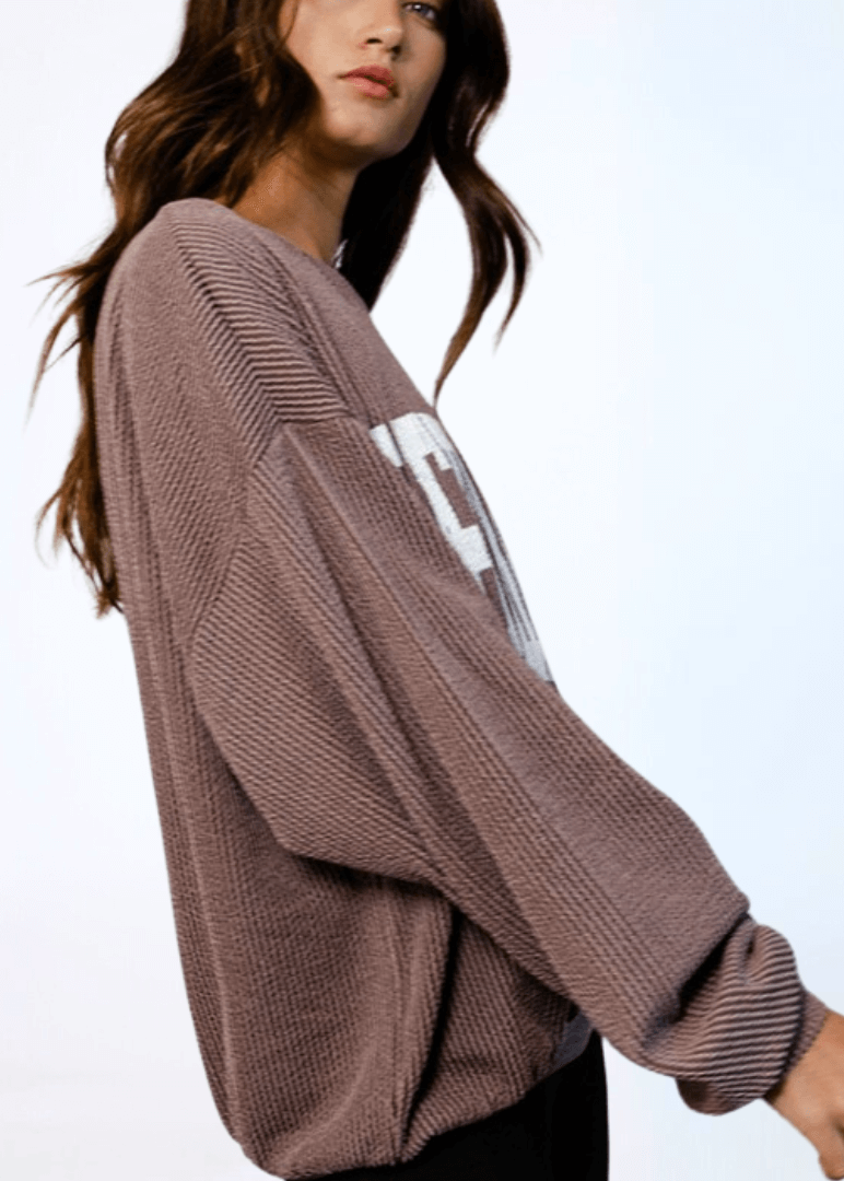 Made in USA Textured "NEBRASKA" Graphic Oversized Game Day Textured Ribbed Sweatshirt in Mocha with Crew Neck and Long Sleeves  | Bucket List Style T1770