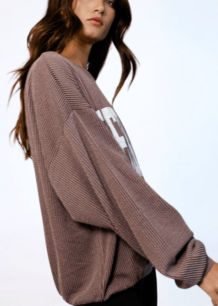 Made in USA Textured "NEBRASKA" Graphic Oversized Game Day Textured Ribbed Sweatshirt in Mocha with Crew Neck and Long Sleeves  | Bucket List Style T1770