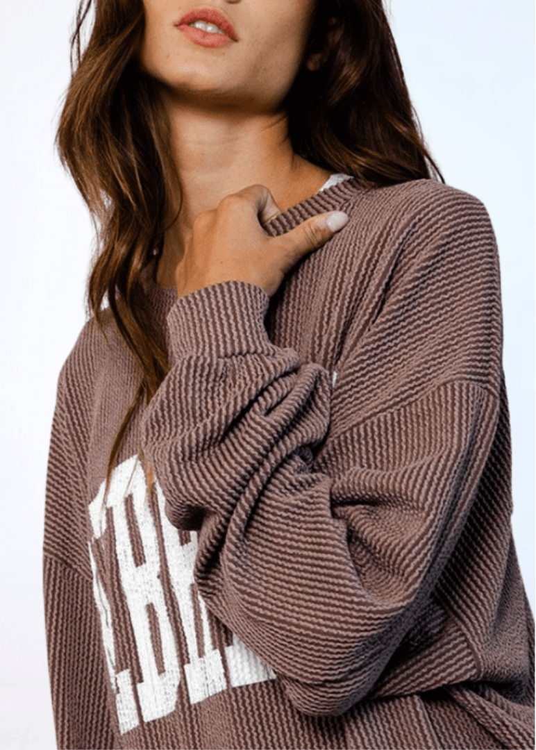 Made in USA Textured "NEBRASKA" Graphic Oversized Game Day Textured Ribbed Sweatshirt in Mocha with Crew Neck and Long Sleeves  | Bucket List Style T1770