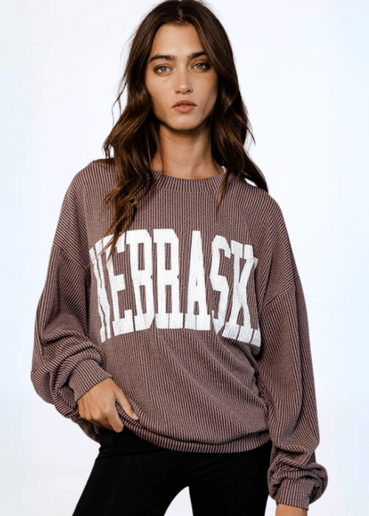 Made in USA Textured "NEBRASKA" Graphic Oversized Game Day Textured Ribbed Sweatshirt in Mocha with Crew Neck and Long Sleeves  | Bucket List Style T1770