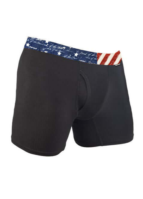 Made in USA WSI Sportswear Men's HYPRTECH™ BAMBOO Boxer Brief w/ Fly, advanced moisture-wicking properties and durability, Contoured pouch, Built in Fly, Relaxed fit Utilizes HYPRTECH™ BAMBOO low compression, a new and innovative eco-friendly technology Advanced moisture wicking properties 7.25" Inseam with Patriotic American Flag Band