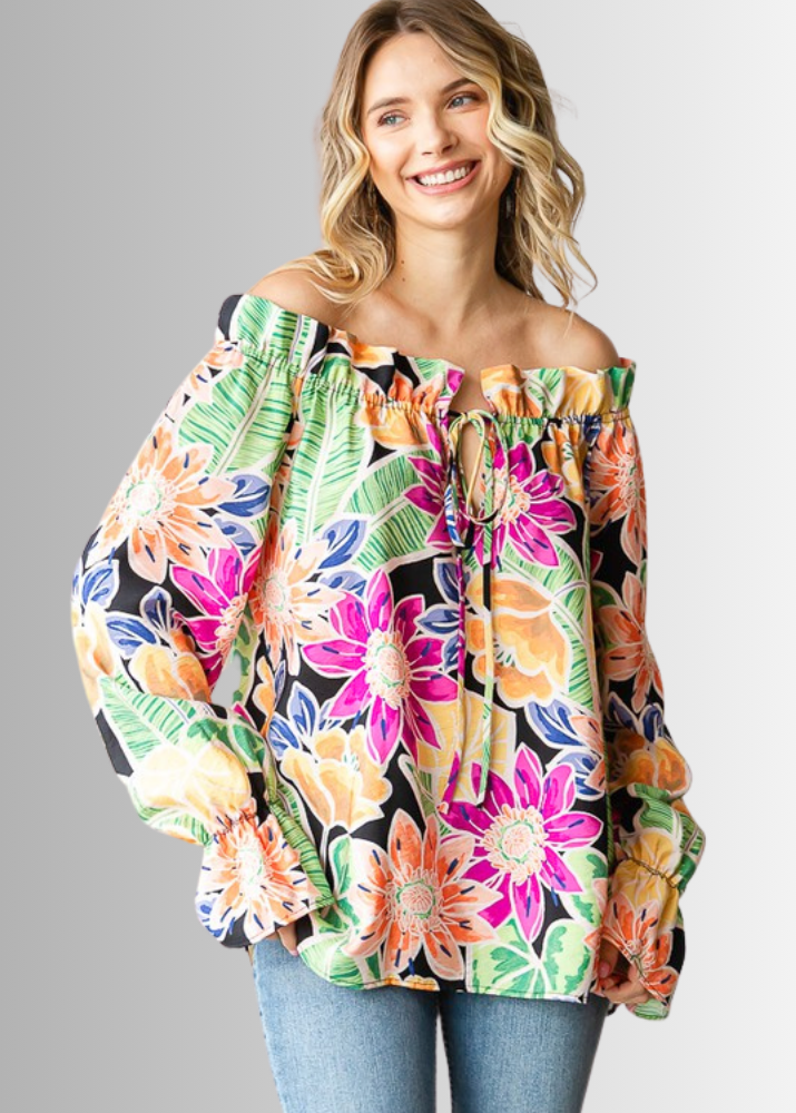 USA Made Ladies Off the Shoulder Colorful Floral Top with Ruffled Neckline &amp; Tie Front  | Classy Cozy Cool Women&