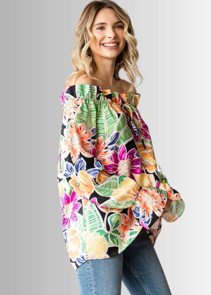 USA Made Ladies Off the Shoulder Colorful Floral Top with Ruffled Neckline &amp; Tie Front  | Classy Cozy Cool Women&