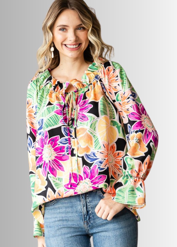 USA Made Ladies Off the Shoulder Colorful Floral Top with Ruffled Neckline &amp; Tie Front  | Classy Cozy Cool Women&
