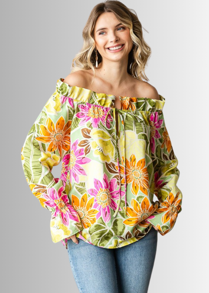 USA Made Ladies Off the Shoulder Colorful Floral Top with Ruffled Neckline &amp; Tie Front  | Classy Cozy Cool Women&