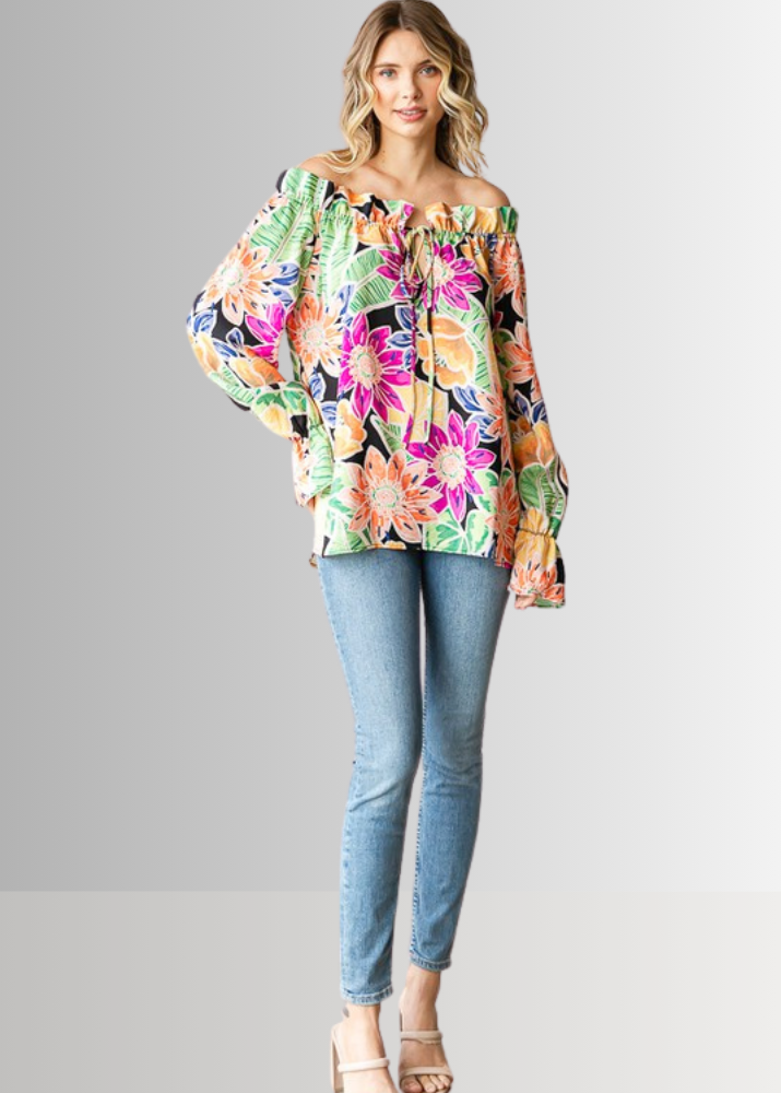 USA Made Ladies Off the Shoulder Colorful Floral Top with Ruffled Neckline &amp; Tie Front  | Classy Cozy Cool Women&