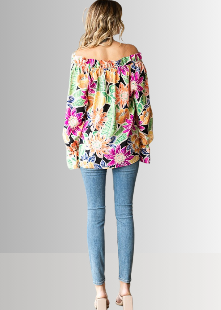 USA Made Ladies Off the Shoulder Colorful Floral Top with Ruffled Neckline &amp; Tie Front  | Classy Cozy Cool Women&