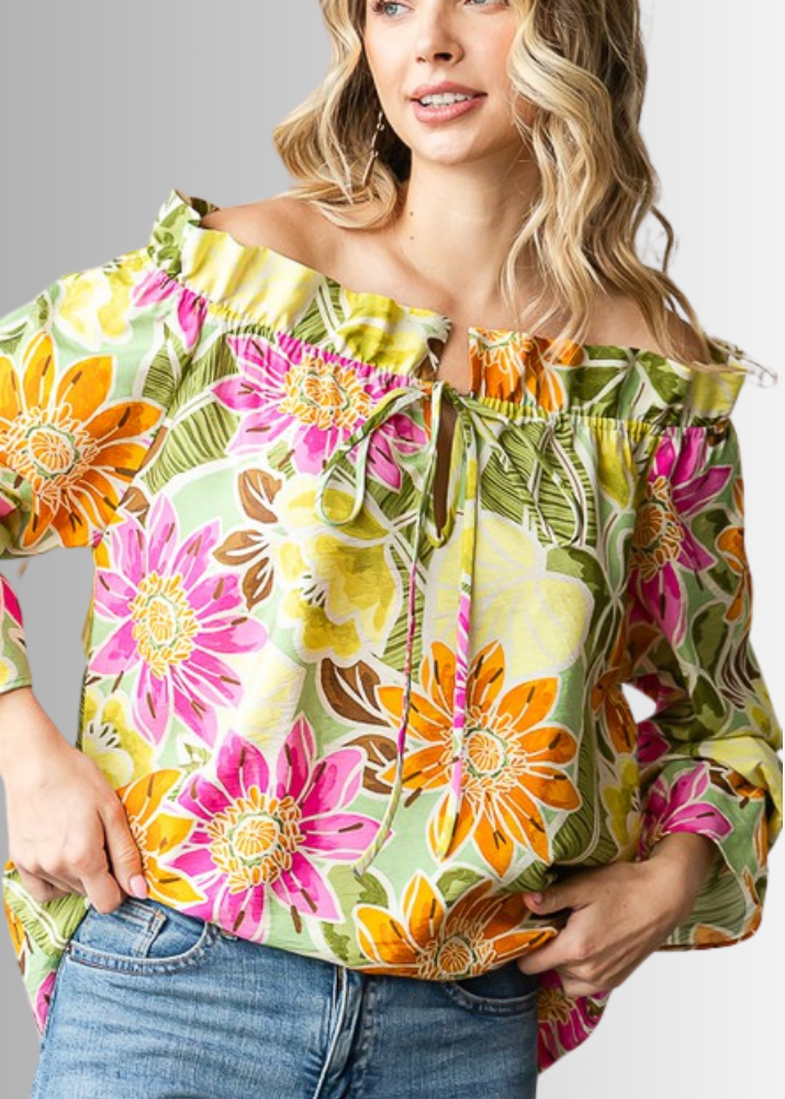 USA Made Ladies Off the Shoulder Colorful Floral Top with Ruffled Neckline &amp; Tie Front  | Classy Cozy Cool Women&