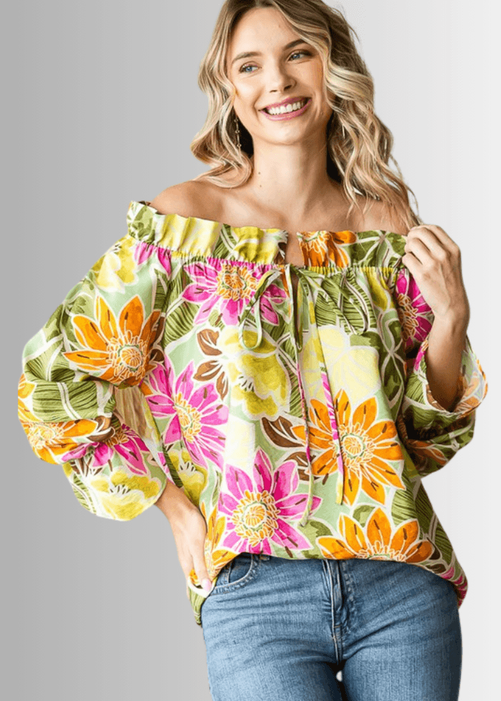 USA Made Ladies Off the Shoulder Colorful Floral Top with Ruffled Neckline &amp; Tie Front  | Classy Cozy Cool Women&