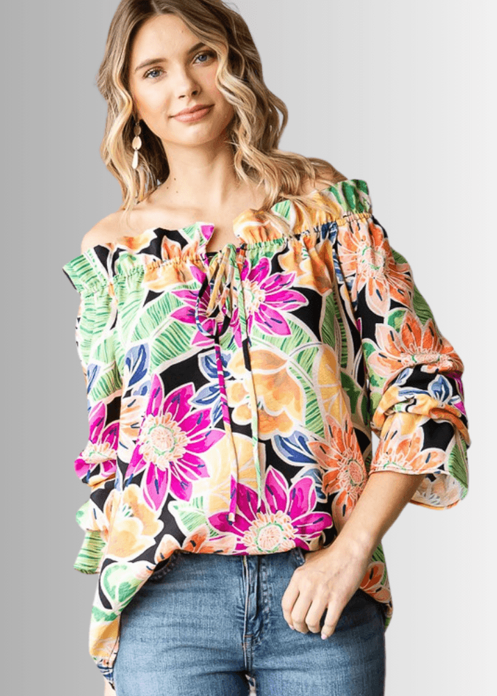 USA Made Ladies Off the Shoulder Colorful Floral Top with Ruffled Neckline &amp; Tie Front  | Classy Cozy Cool Women&