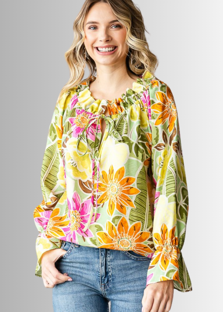 USA Made Ladies Off the Shoulder Colorful Floral Top with Ruffled Neckline &amp; Tie Front  | Classy Cozy Cool Women&