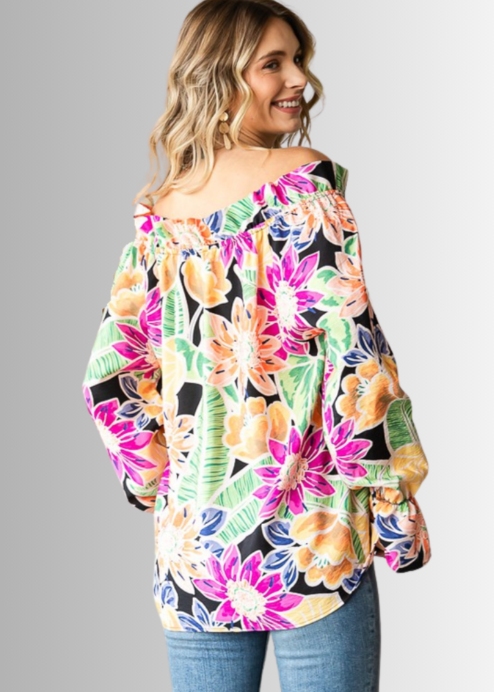 USA Made Ladies Off the Shoulder Colorful Floral Top with Ruffled Neckline &amp; Tie Front  | Classy Cozy Cool Women&