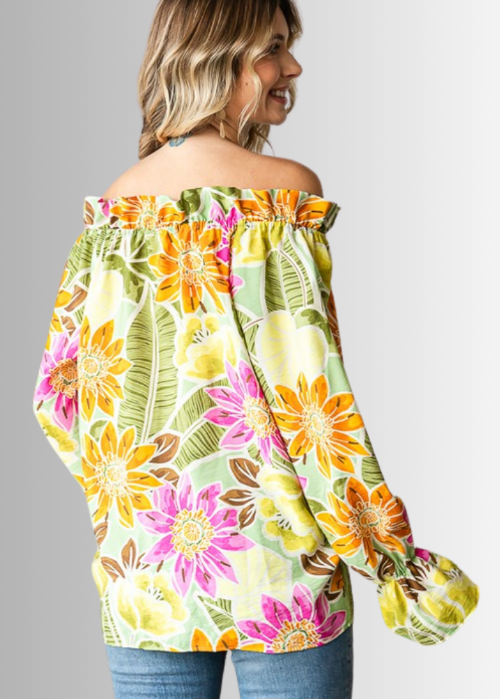 USA Made Ladies Off the Shoulder Colorful Floral Top with Ruffled Neckline &amp; Tie Front  | Classy Cozy Cool Women&