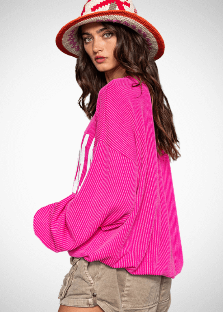 Made in USA Textured "OKLAHOMA" Graphic Oversized Game Day Textured Ribbed Sweatshirt in Fuchsia with Crew Neck and Long Sleeves  | Bucket List Style T1770